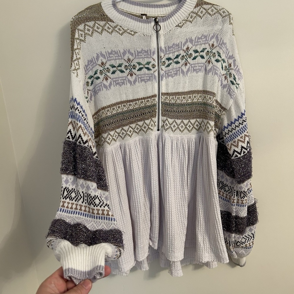 Free People Large Cozy Cottage Core Nordic Half Zip Sweater Purple Multicolor